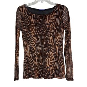 Vivienne Tam Women's Mesh Long Sleeve Top Brown Shirt Sz M Luxury Animal Print